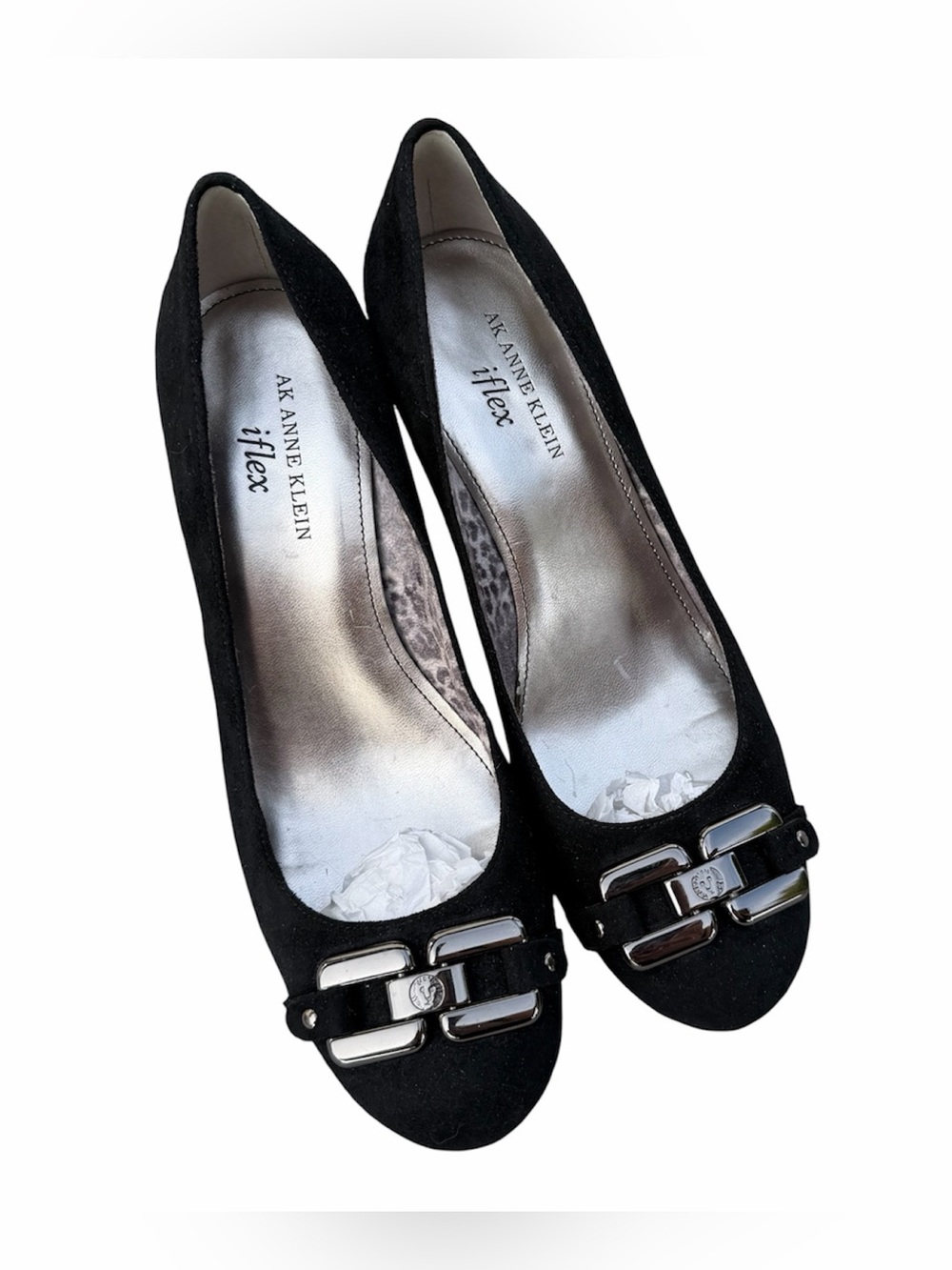 Anne Klein Black Suede iFlex Heels w/
Polished Silver-Tone Buckle- Women’s 7.5